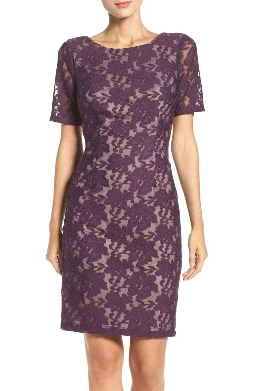 Adrianna Papell - Lace Bateau Sheath Dress AP1D100772 - 1 Pc Plum Wine in Size 8 Available