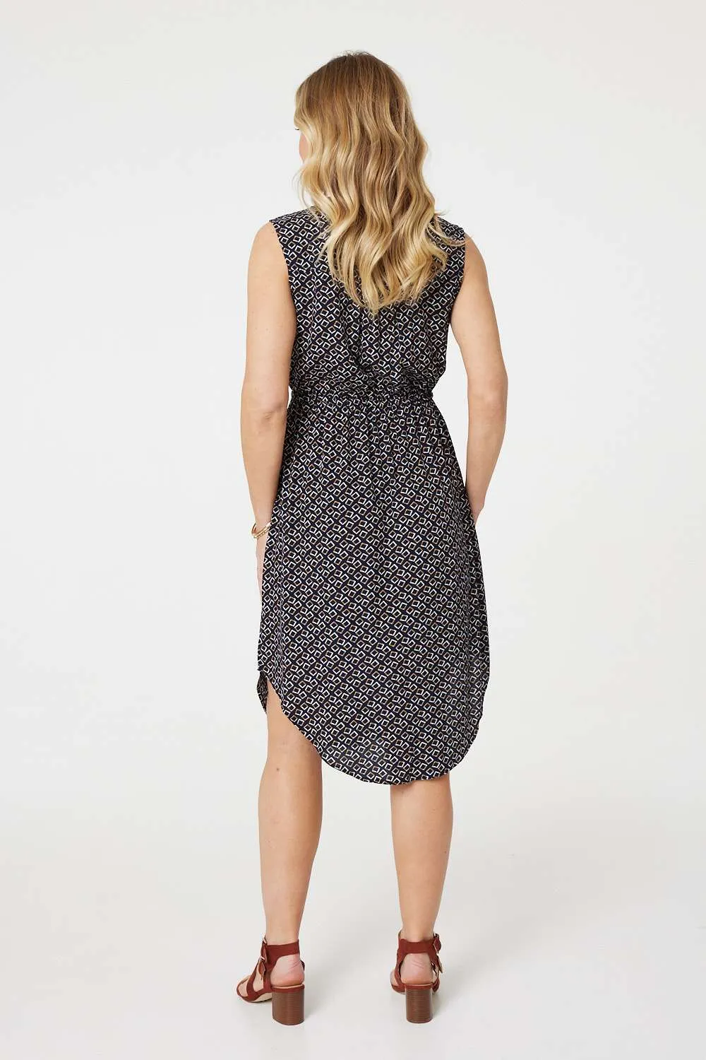 Geo Print Sleeveless Zip Front Midi Dress