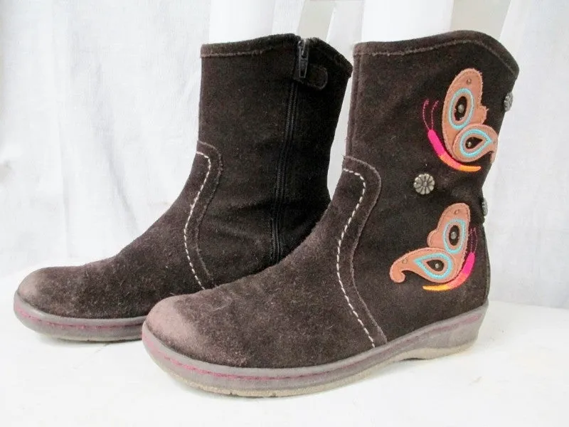 Girls STRIDE RITE JOHANNA Leather BOOTS Suede Embroidered BUTTERFLY BROWN 2