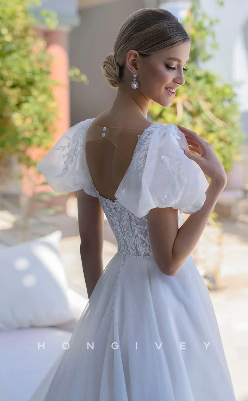 H0819 - Ornate Lace Applique Embroidered Sheer With Tulle Train Wedding Dress