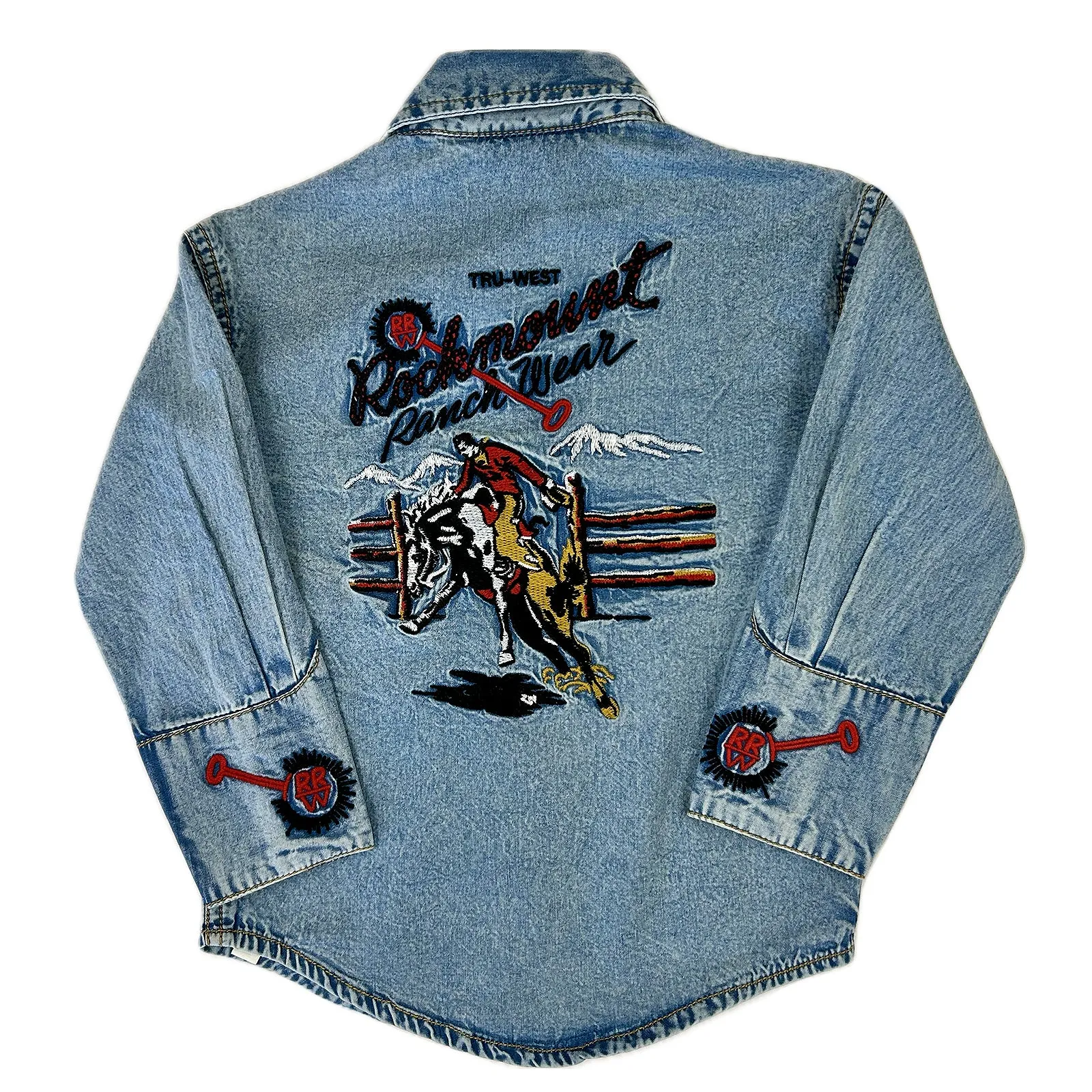 Kid's Rockmount Bronc Vintage Embroidery Western Shirt in Denim