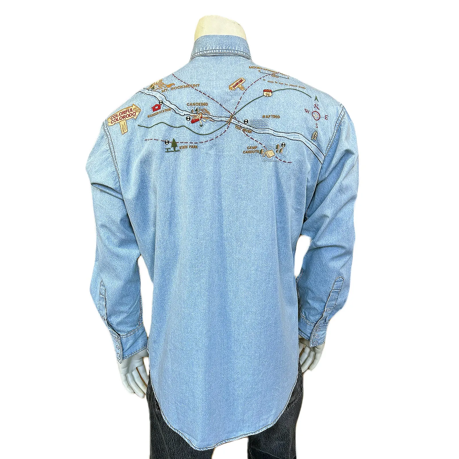 Men's Denim Map Embroidered Western Shirt