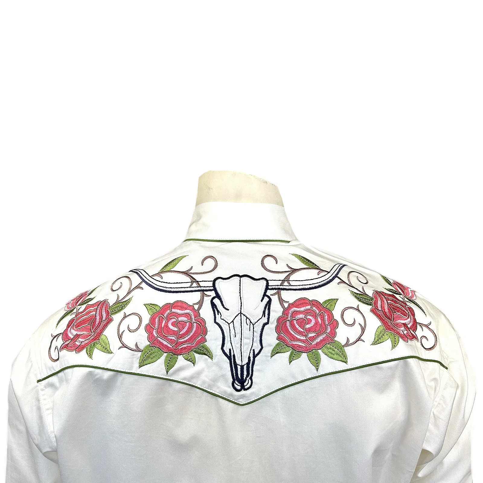 Men’s Longhorn & Floral Embroidery Western Shirt in Ivory