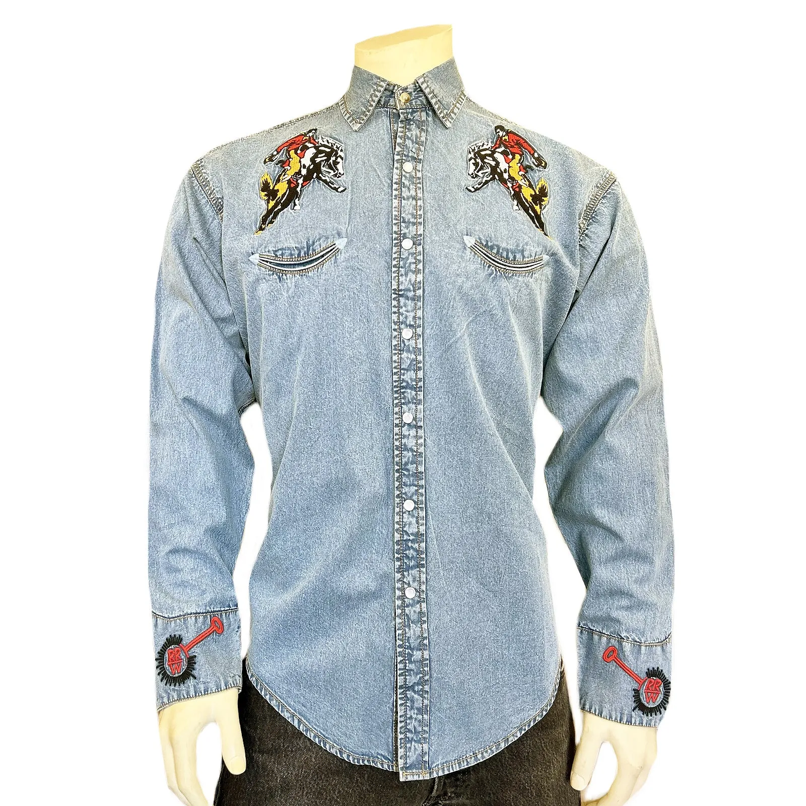 Men’s Rockmount Bronc Vintage Embroidery Western Shirt in Denim