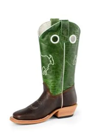 Olathe Youth Boots - OKY35 Briar Bottom with Green Crazy Cat Top and Buckin' Horse Stitch Pattern