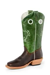 Olathe Youth Boots - OKY35 Briar Bottom with Green Crazy Cat Top and Buckin' Horse Stitch Pattern