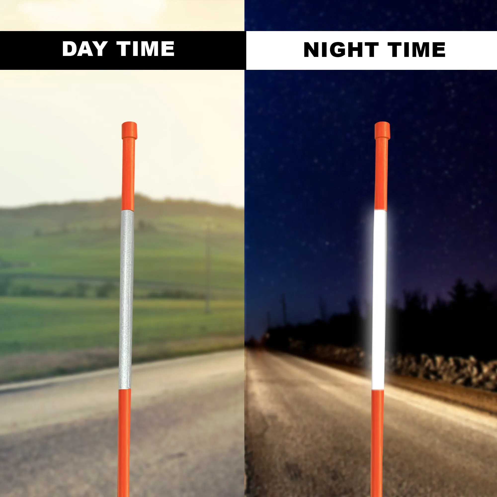 Oskar 48" Reflective Fiberglass Driveway Markers, Orange and White, Flexible High-Visibility Snow Stakes, Easy to Install Poles for Hazards, Private Roads, Property Lines, Night, Snow Plow, Pack of 48