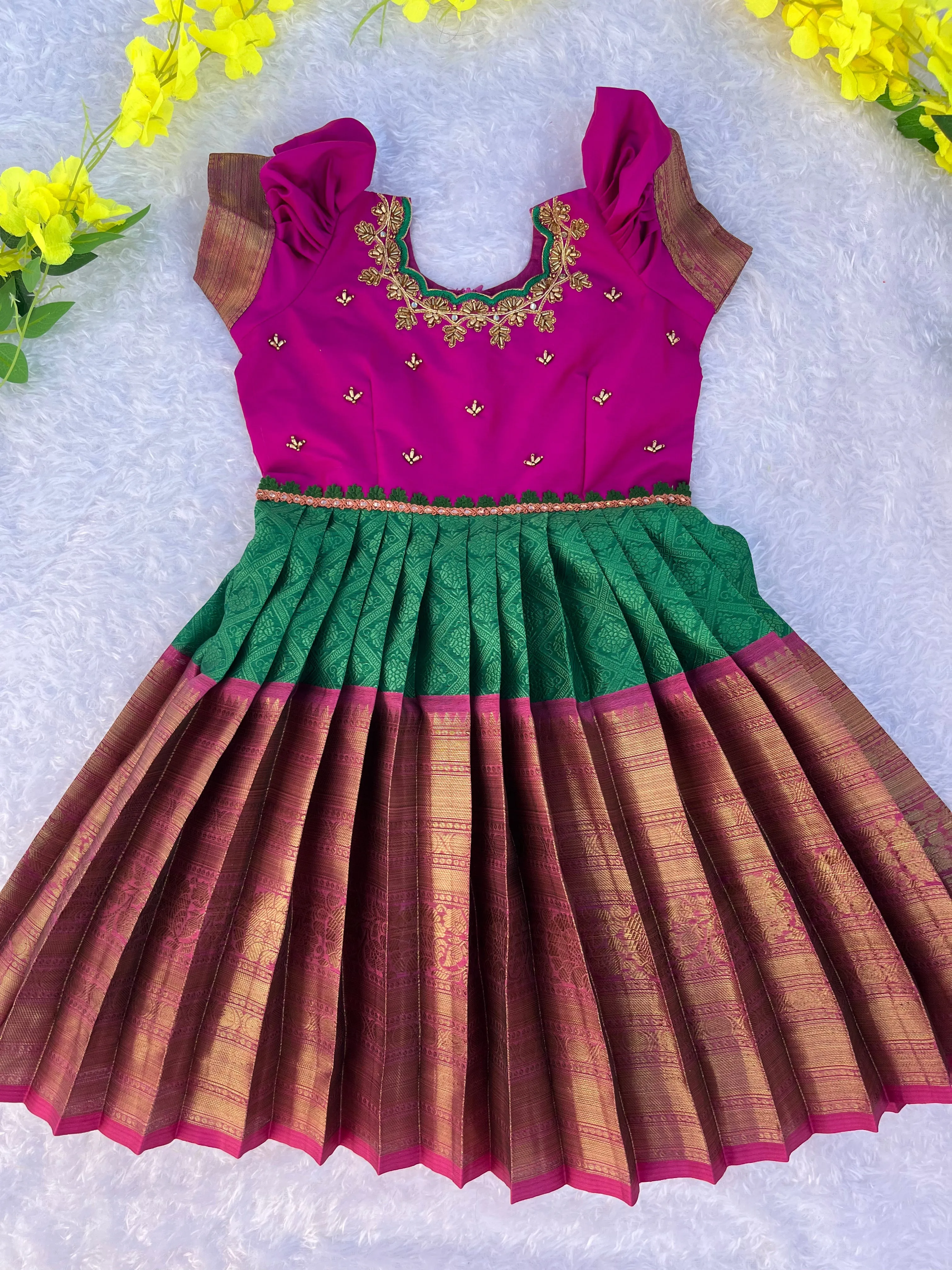 PRE ORDER : Enchanting Purple and Golden Embroidered Frock with Green Waistband