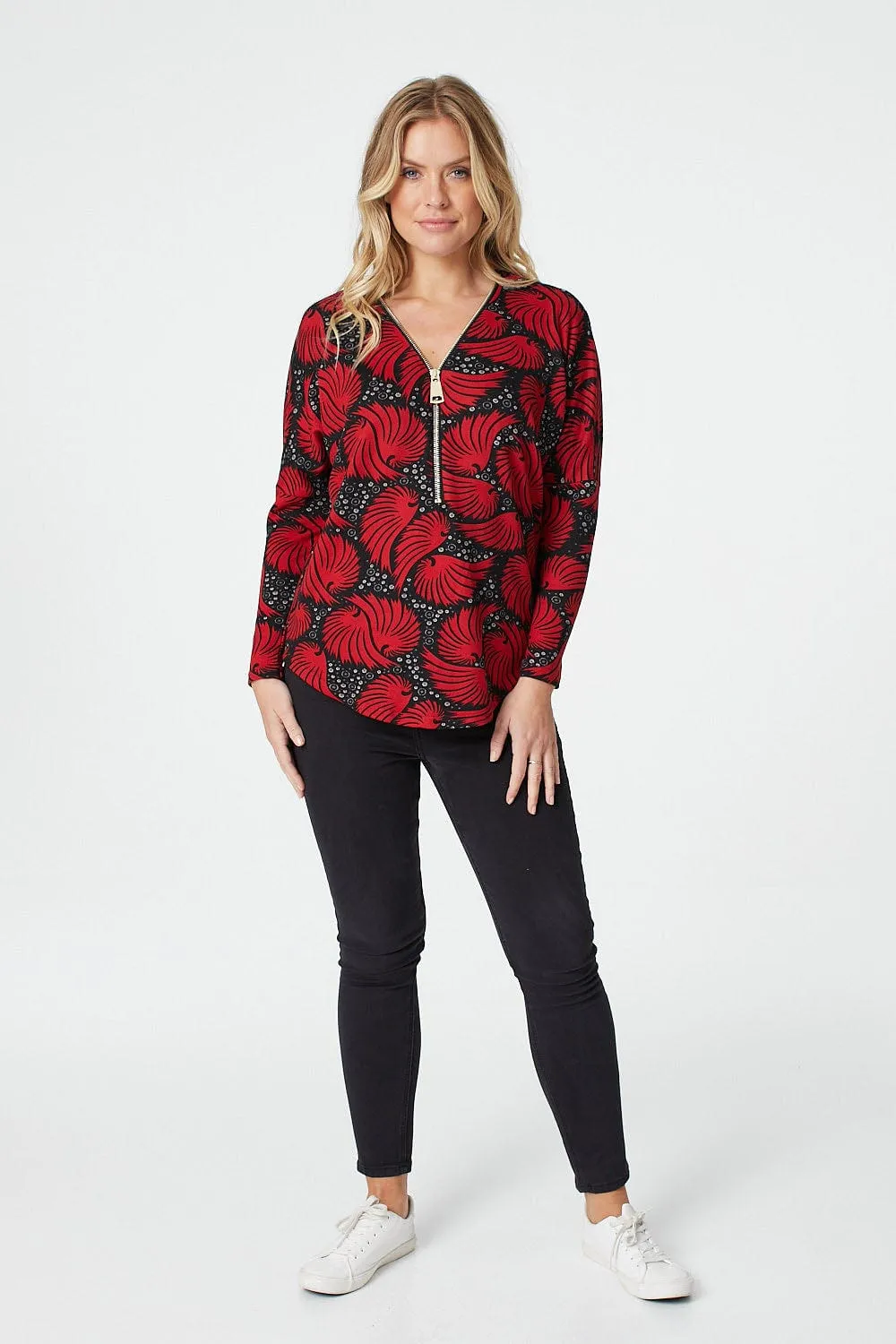 Printed Zip Front Long Sleeve Jumper